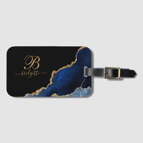 Blue Gold Agate Geode Monogram Luggage Tag