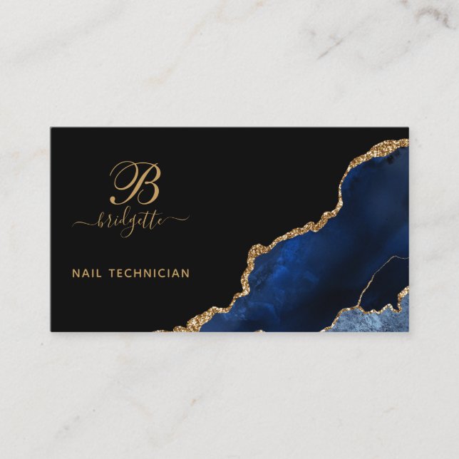 Blue Gold Agate Geode Nail Technician Business Card (Front)