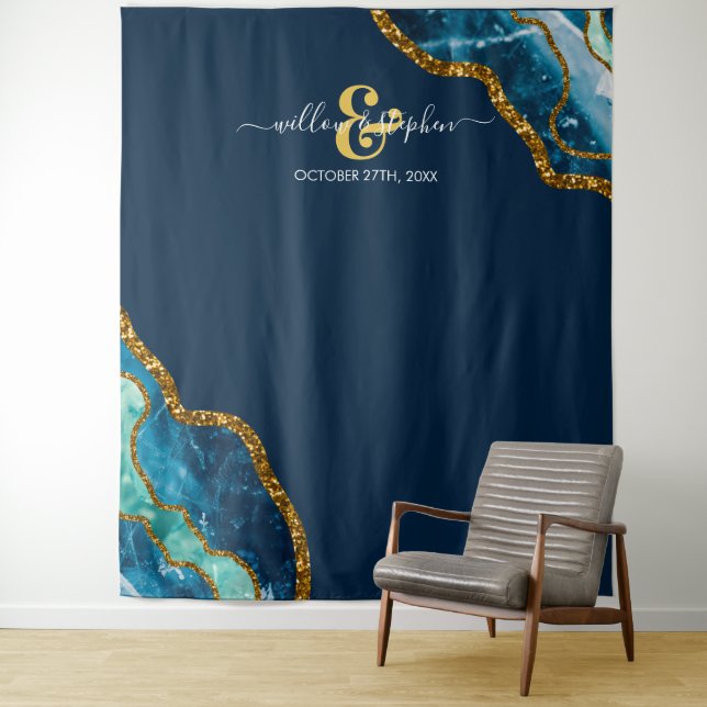 Blue Gold Agate Geode Wedding Backdrop Banner  (In Situ)