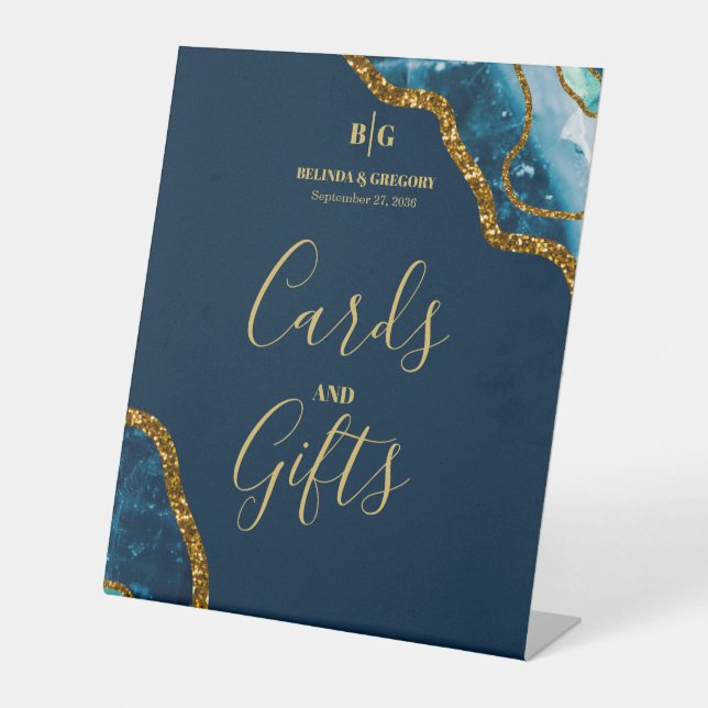 Blue & Gold Agate Geode Wedding Cards & Gifts Pedestal Sign (Front)