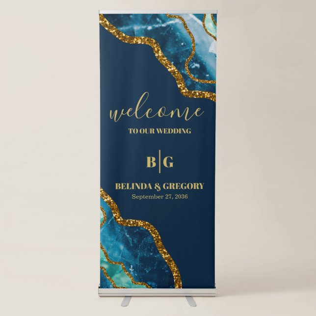 Blue & Gold Agate Geode Wedding Welcome Sign (Front)