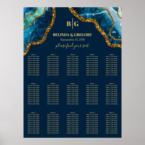 Blue Gold Agate Glitter Wedding Seating Chart