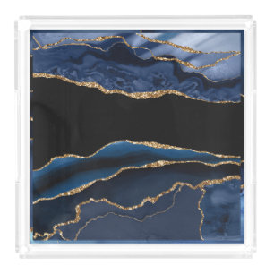 Blue Gold Agate Illustration Decorative Tile Acrylic Tray