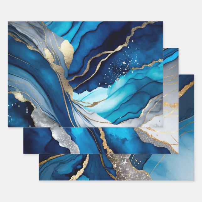 Blue Gold Agate Marble Glitter Abstract Design Wrapping Paper Sheets (Set)