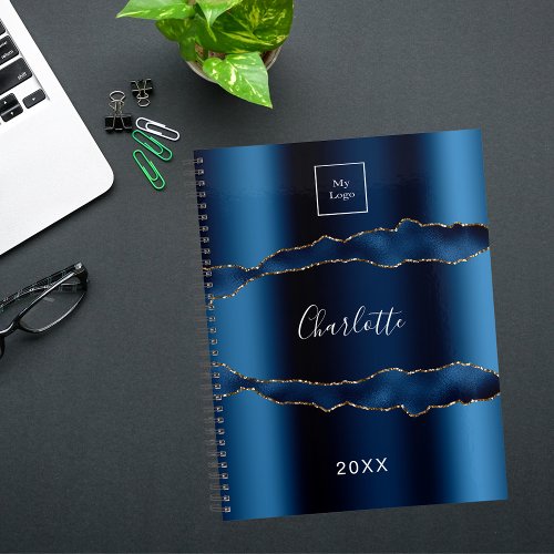 Blue gold agate marble name business logo notebook