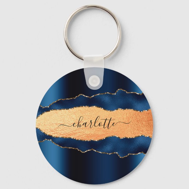 Blue gold agate marble name script keychain (Front)