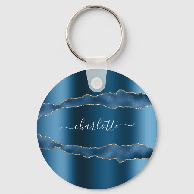 Blue gold agate marble name script keychain (Front)