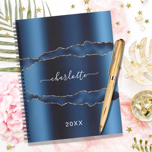 Blue gold agate marble name script notebook