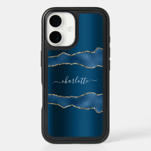 Blue gold agate marble name script iPhone 16 case