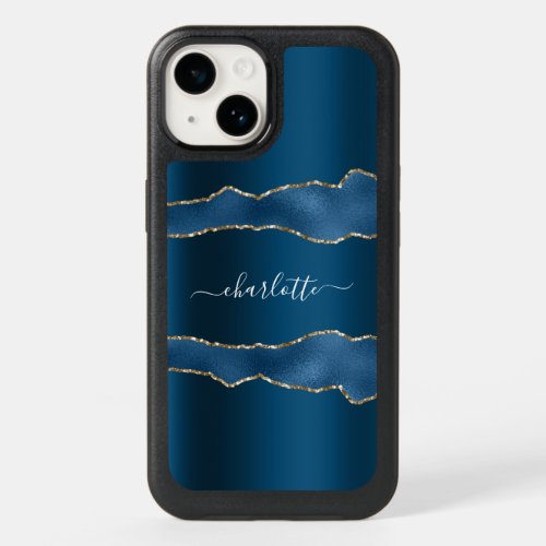 Blue gold agate marble name script OtterBox iPhone 14 case