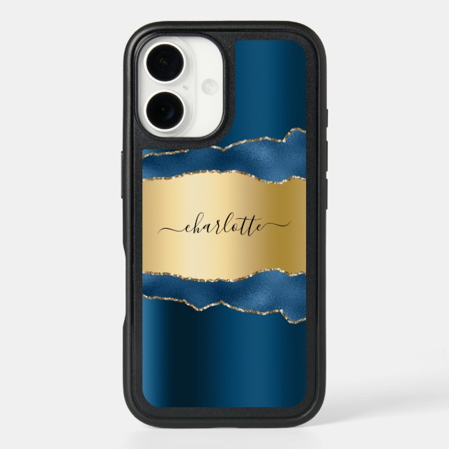Blue gold agate marble name script otterbox iPhone case (Back)