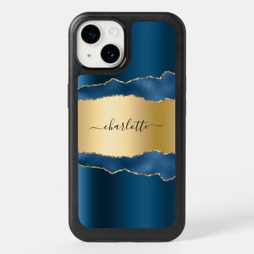 Blue gold agate marble name script OtterBox iPhone 14 case