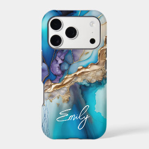Blue Gold Agate Marble Personalized Script Name Iphone 18 Pro Case