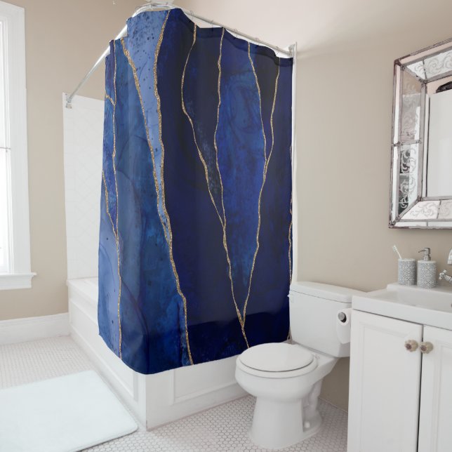 Blue & Gold Agate Modern Glam Minimal Shower Curtain (In Situ)