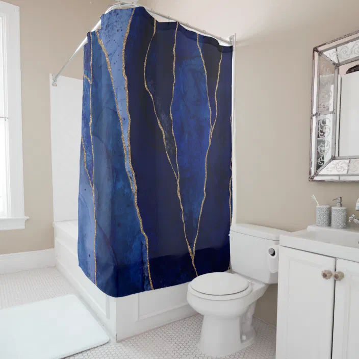 Blue Gold Agate Modern Glam Minimal, Blue And Gold Marble Shower Curtain