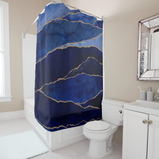 Blue & Gold Agate Modern Glam Minimal Shower Curtain (In Situ)