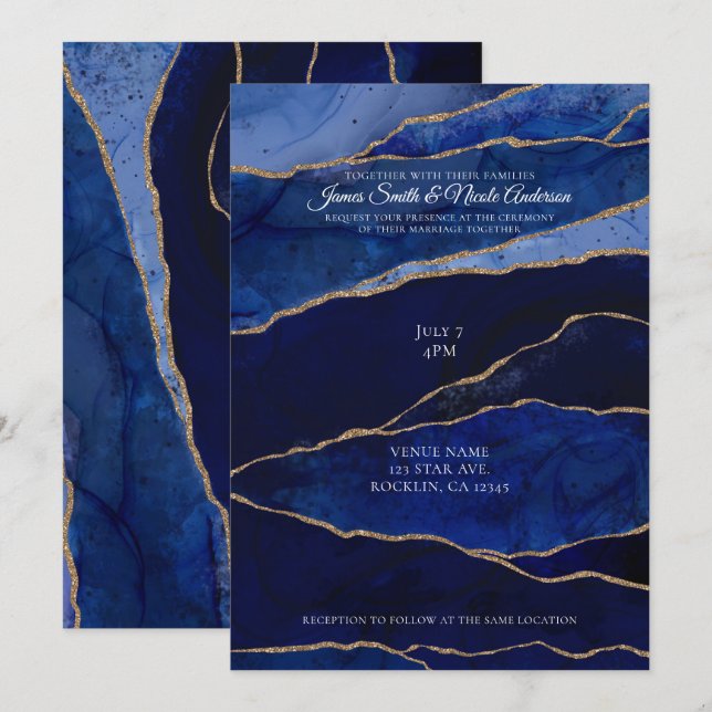 Blue & Gold Agate Modern Glam Minimal Wedding  Invitation (Front/Back)