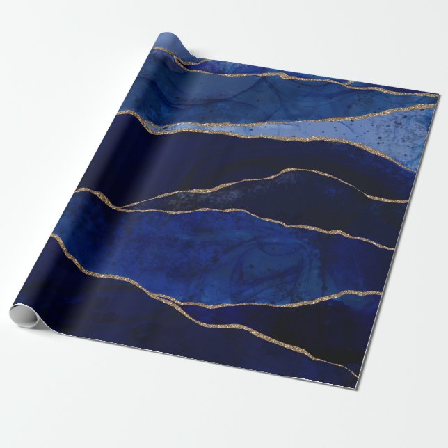 Blue & Gold Agate Modern Glam Minimal Wedding  Wrapping Paper (Unrolled)