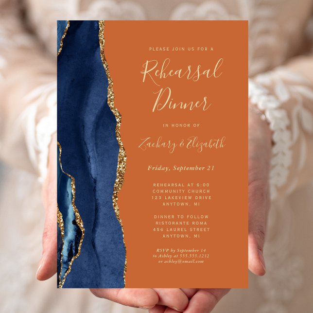 Blue Gold Agate Rust Wedding Rehearsal Dinner Invitation (Creator Uploaded)