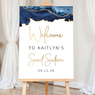 Blue Gold Agate Sweet Sixteen Party Welcome Foam Board