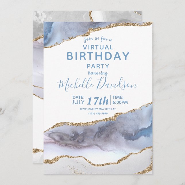 Blue & Gold Agate Virtual Birthday  Invitation (Front/Back)