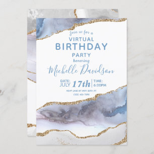 Blue & Gold Agate Virtual Birthday  Invitation
