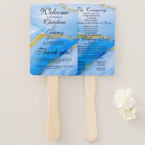 Blue Gold Agate Wedding Program Hand Fan