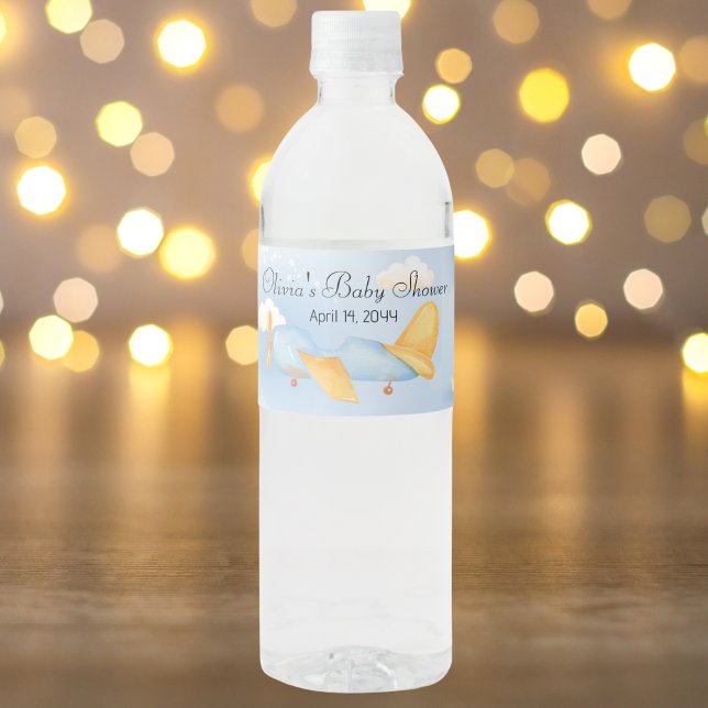 Blue Gold Airplane Clouds, Cute Boy Baby Shower  Water Bottle Label (Creator Uploaded)