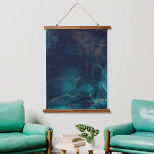Blue Gold Alcohol Ink Art Deep Blue Ocean Hanging Tapestry