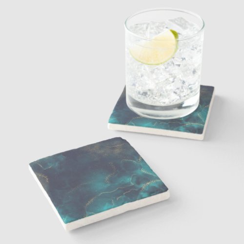 Blue Gold Alcohol Ink Art Deep Blue Ocean Stone Coaster