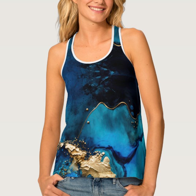Blue & Gold Alcohol Ink Backgrounds Tank Top (Front)
