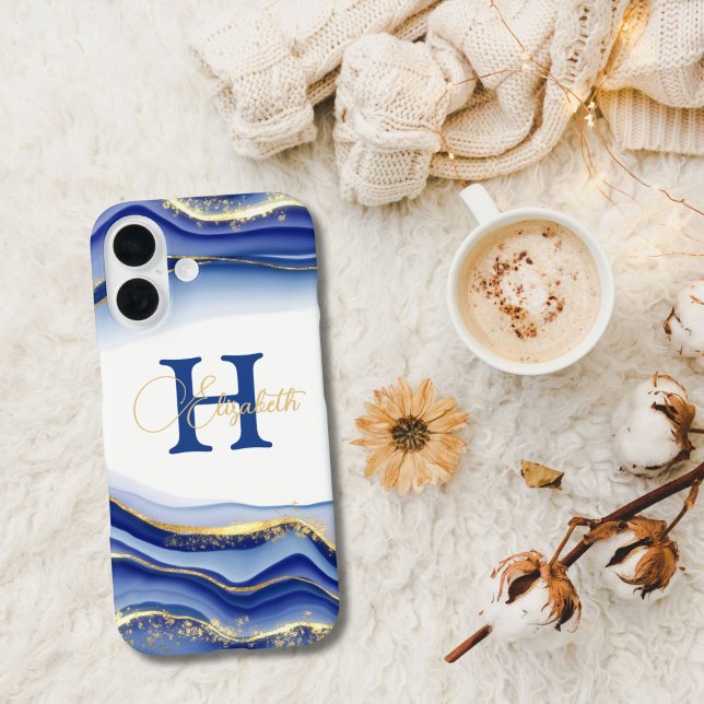 Blue Gold Alcohol Ink Monogram Name Initial  Case-Mate iPhone Case (Monogram Name initial Blue Gold Alcohol Ink Pattern iPhone case. iPhone 16 15 14 13 12 11 )