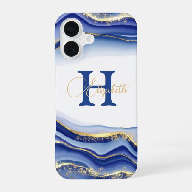 Blue Gold Alcohol Ink Monogram Name Initial  Iphone Case (Back)
