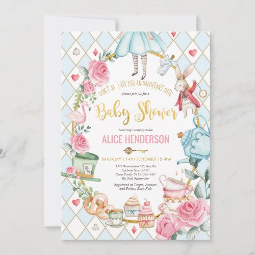 Blue Gold Alice in Wonderland Baby Shower Tea Invitation