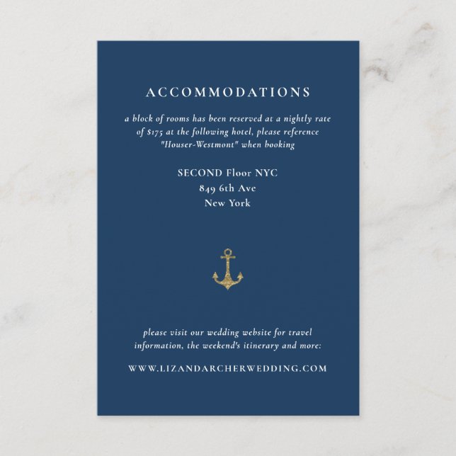 Blue Gold Anchor Nautical Wedding Hotel Enclosure Card (Front)