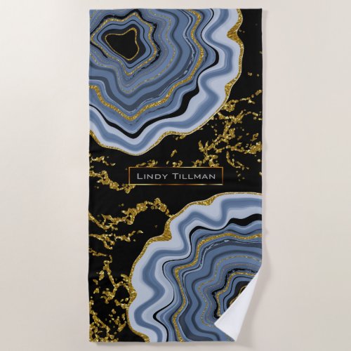 Blue Gold and Black Agate Geode Stone Design Beach Towel