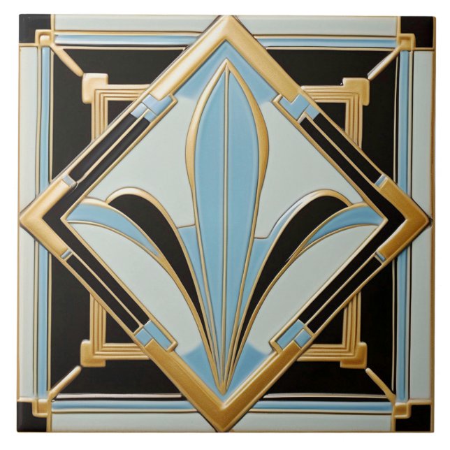 Blue Gold and Black Art Deco Ceramic Tile. Tile (Front)