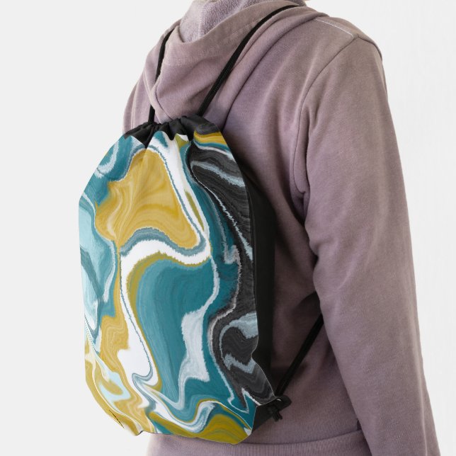 Blue, gold and black Marble like Swirls  Drawstring Bag (Insitu)