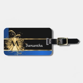 Blue Gold And Black Monogram Luggage Tag by monogramgiftz at Zazzle