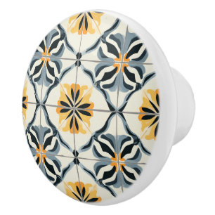 Blue Gold  and Off White Pattern  Ceramic Knob