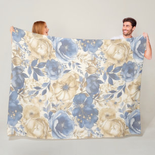 Blue Gold and Tan Floral Fleece Blanket