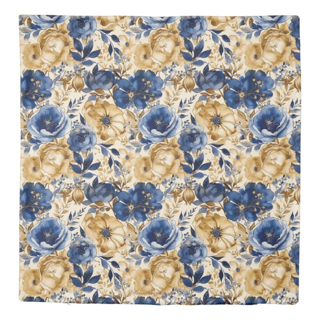 Blue Gold and Tan Floral Queen Duvet Cover (Back)