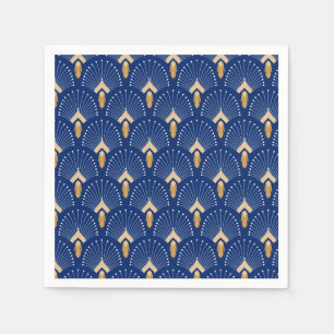 Blue, Gold and White Art Deco Fan Flowers Motif  Napkins