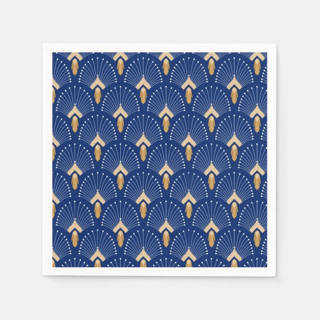 Blue, Gold and White Art Deco Fan Flowers Motif  Napkins (Front)