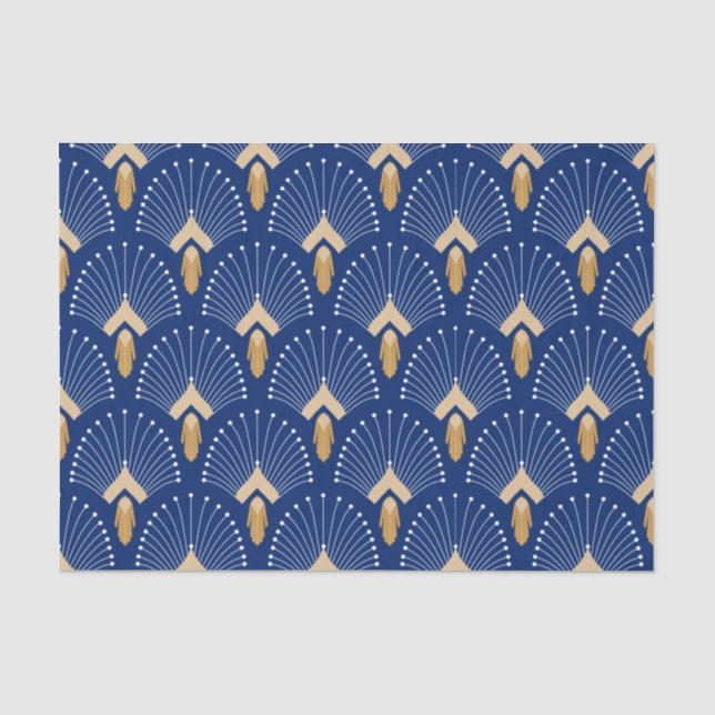 Blue, Gold and White Art Deco Fan Flowers Motif  Tissue Paper (Front)