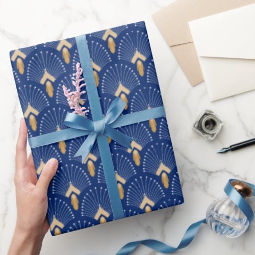 Blue Gold and White Art Deco Fan Flowers Motif   Wrapping Paper