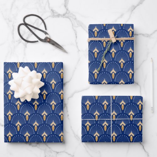 Blue Gold and White Art Deco Fan Flowers Motif  Wrapping Paper Sheets