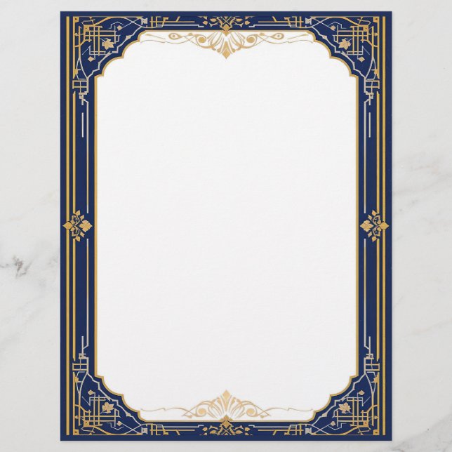 Blue Gold and White Art Deco Stationery Paper (Front)