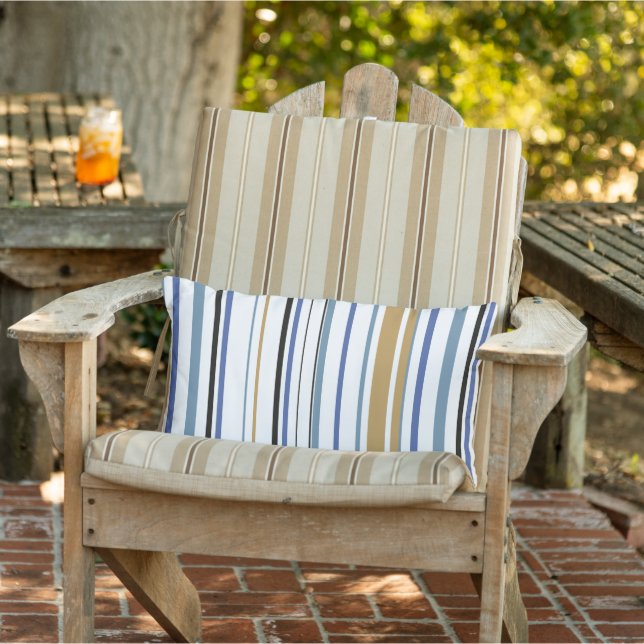 Blue gold and white Beach Stripes Coastal Lumbar Pillow (Chair)