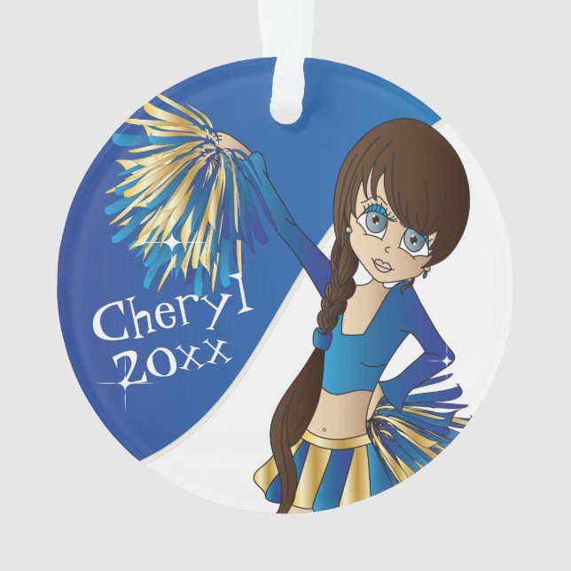 Blue, Gold and White Cheerleader Girl 📣 Ornament (Back)